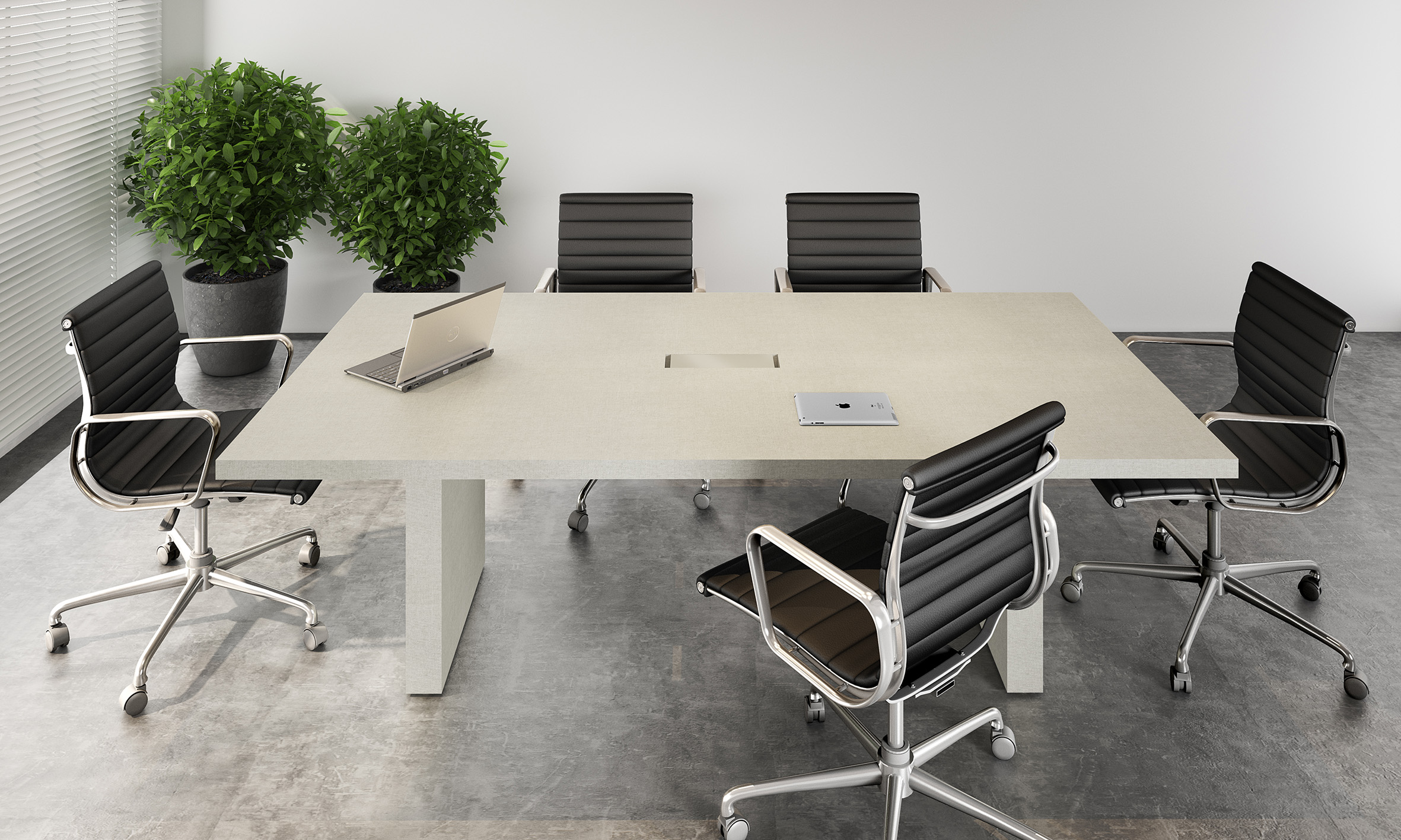 Sala de reunião com mesa preparada para passagem de cabeamentos para que suas reuniões permitam conectividade com organização. Linha Florença da RS Design.