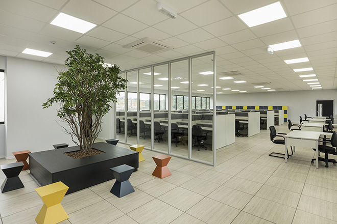 Neste Call Center montado pela RS Design a inserção de uma árvore no espaço comum busca ampliar o contato dos colaboradores com a natureza. Crédito: Divulgação RS Design