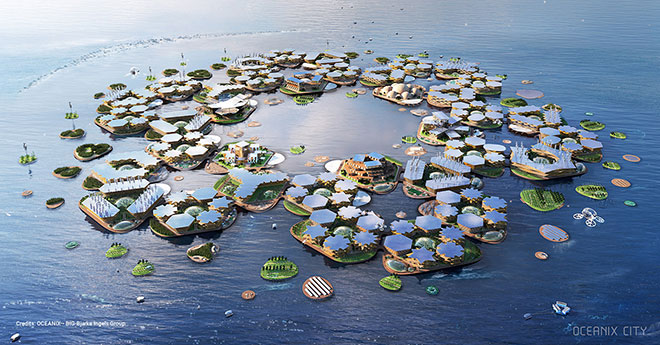 Cidades flutuantes adaptáveis e sustentáveis já despertam a atenção da ONU. Crédito: OCEANIX / BIG-Bjarke Ingels Group