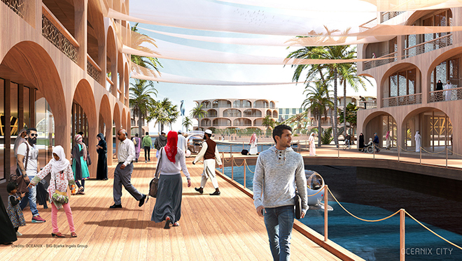A ideia é que as cidades respeitem as características de cada região. Crédito: OCEANIX / BIG-Bjarke Ingels Group