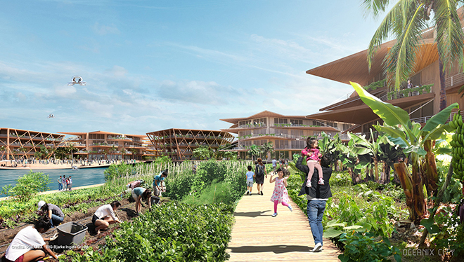 A proximidade do mar e a inserção de muita paisagem natural dentro das cidades também visa promoção do bem- estar e da saúde dos moradores. Crédito: OCEANIX / BIG-Bjarke Ingels Group