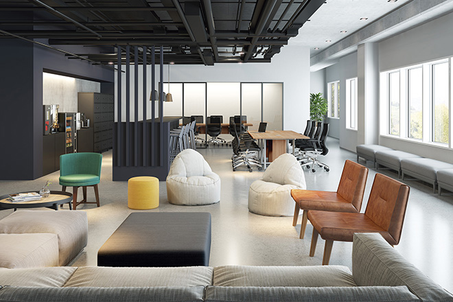 Escritório com mobiliário da RS Design projetado para promover o encontro dos talentos da empresa de forma dinâmica, interativa e informal.