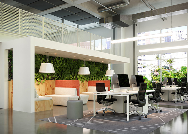 Neste projeto com mobiliário da RS Design é possível observar um espaço com sofás acústicos idealizados tanto para o trabalho individual como para pequenas reuniões entre os times.