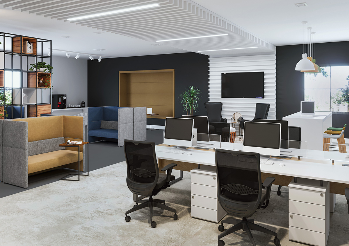Start up com mobiliário da RS Design contempla diversas áreas de trabalho (para diferentes tipos de atividades), desde estações de trabalho, bancadas até sofás acústicos.