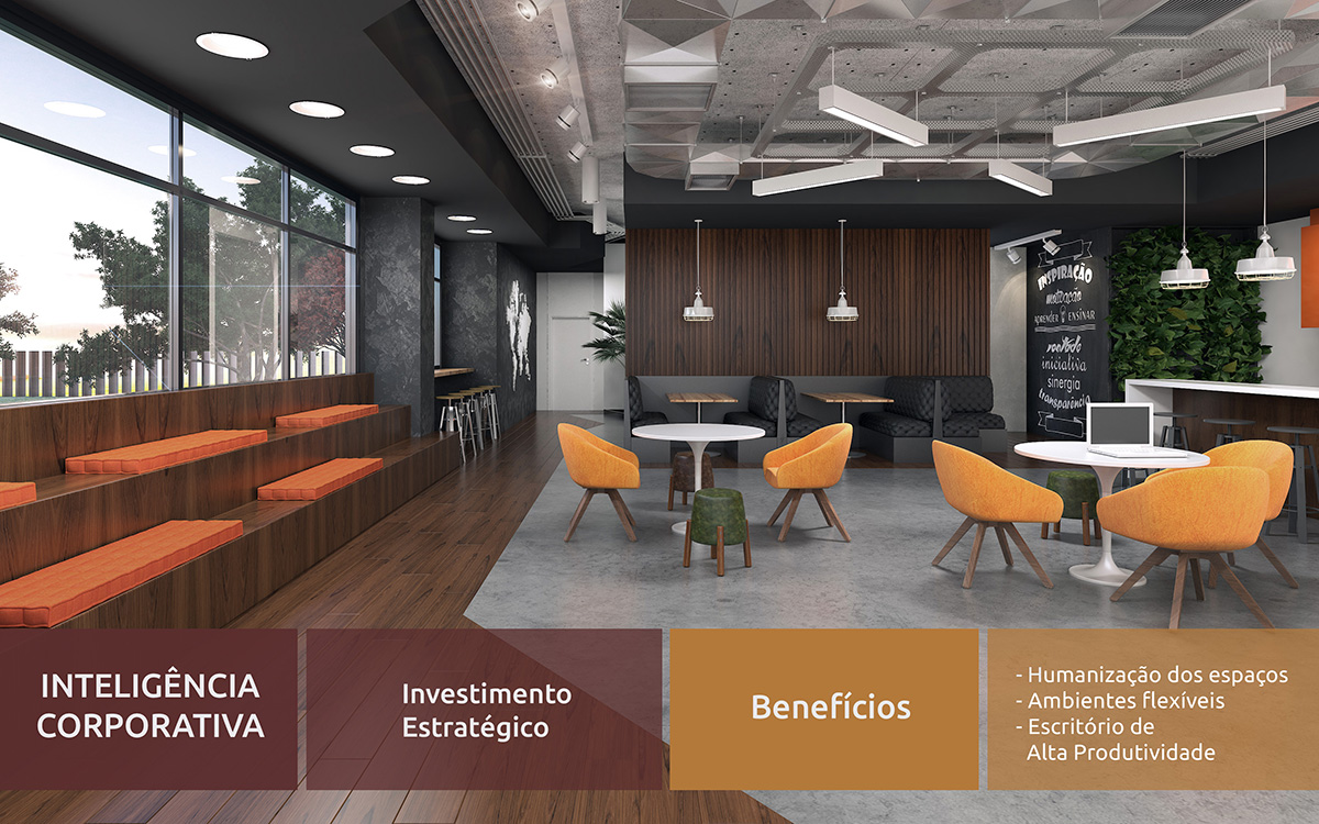 Espaço em escritório com conceito de flexibilidade e múltiplo uso com mobiliário da RS Design. 