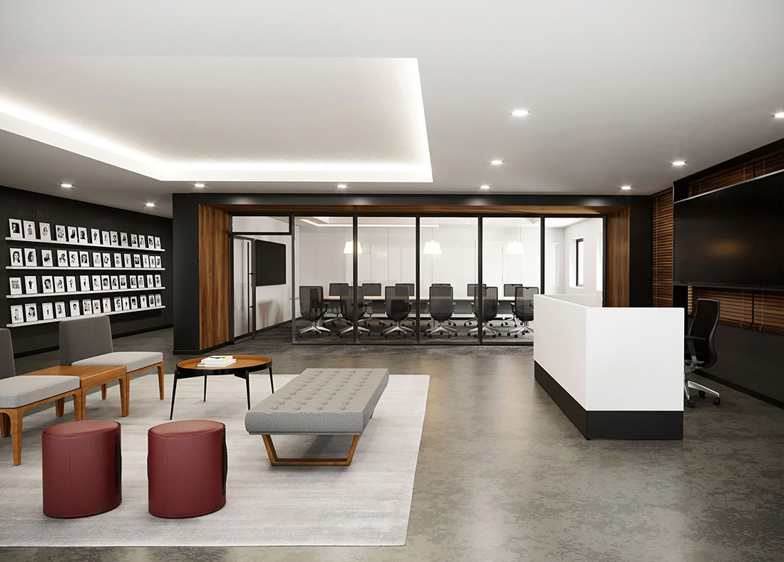Ambiente com mobiliário da RS Design, incluindo banco, poltronas, balcão, pufes e mesa.