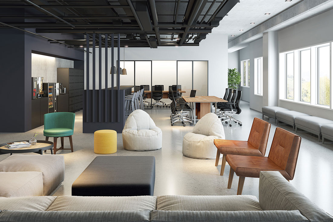 Nesta imagem com mobiliário da RS Design, podemos observar uma sala de reunião mais tradicional ao fundo e na frente outros tipos de espaços para reuniões mais informais, estimulando a comunicação entre as pessoas.