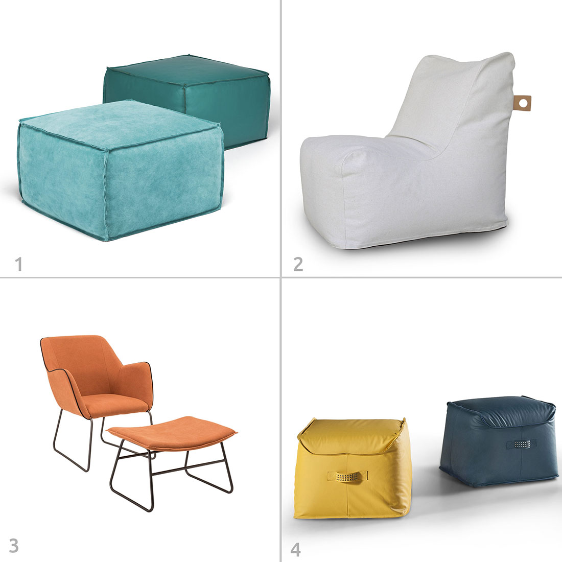 Alguns tipos de mobiliário mais informal da RS Design: 1. Pufe Nuova, 2. Pufe Palo Alto, 3. Poltrona Alada, Pufe Foggia