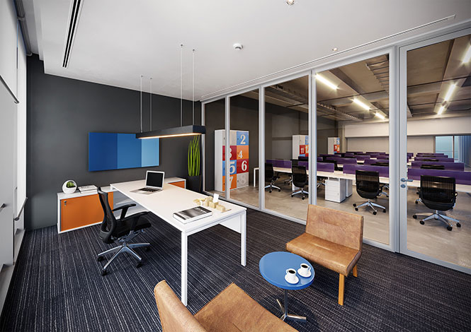 Mobiliário RS Design para sala executiva com composição de cores nas portas e o restante em branco. Um visual moderno e com dinâmica jovem para empresas que precisam estimular a criatividade e o dinamismo nas equipes.