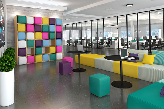 Mobiliário da RS Designpara área de reunião informal, com estímulos para o compartilhamento de ideias.