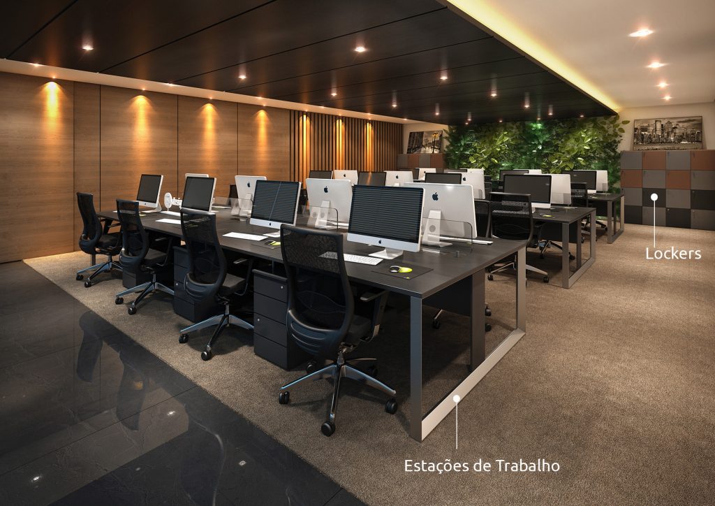 Estações de trabalho sem lugares fixos e Lockers para armazenamento de pertences pessoais. Assim a pessoa fica livre para escolher onde quer trabalhar.