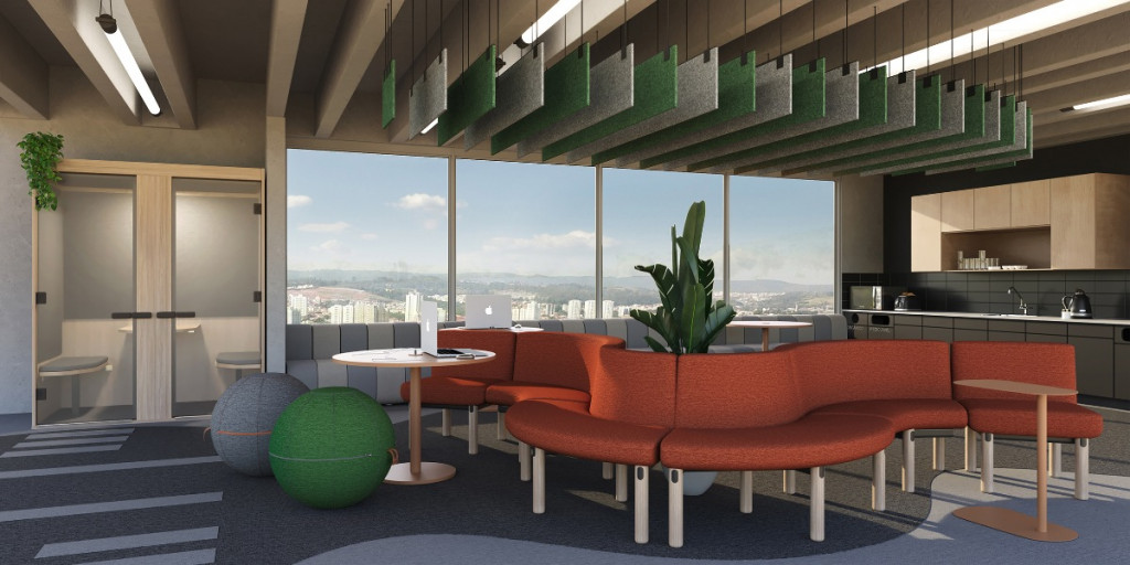 Espaço com mobiliário flexível e modular que pode ser configurado conforme a necessidade e também com cabine de privacidade para atividade focada, baffles acústicos, além de área para café.