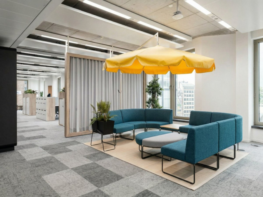 Ambiente para atividade colaborativa ao lado de estações de trabalho para promover atividades de brainstorm, cocriação e interação entre as pessoas. Mobiliário RS Design.