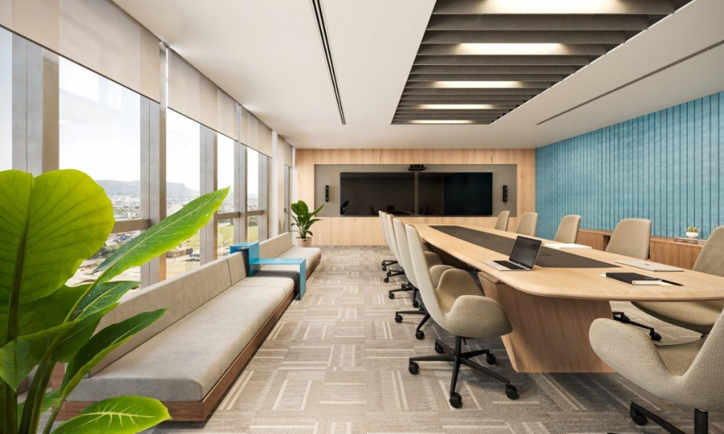 Sala de reuniões, com mobiliário da RS Design, preparada com sofás para quando há necessidade de participação mais pessoas do que o usual.