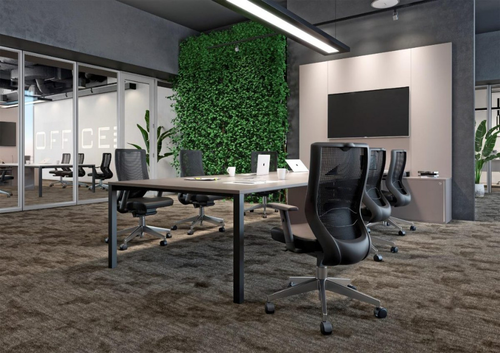 Sala de reuniões, com mobiliário da RS Design, preparada para encontros mais formais, com pequeno grupo de participantes.