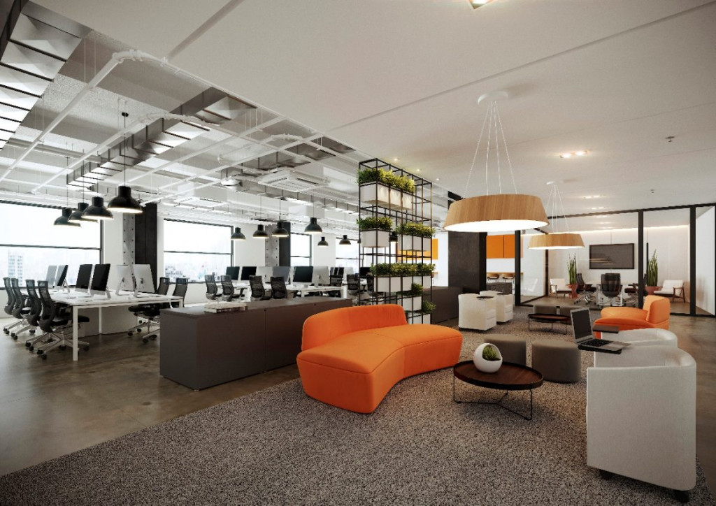 Espaço remanejado, mantendo as estações de trabalho, com a inclusão de área colaborativa e sala de reunião com divisória de vidro. Mobiliário RS Design.