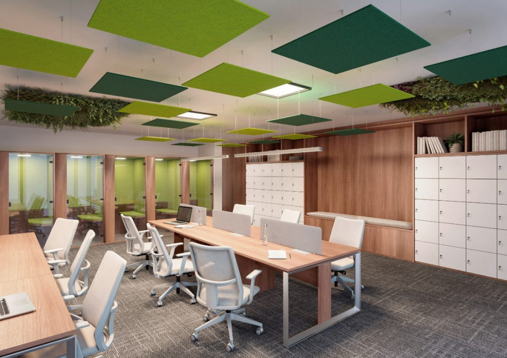 Espaço atualizado para atividade de alta produtividade com estações de trabalho, cadeiras ergonômicas, lockers, cabines de privacidade e nuvens acústicas. Mobiliário e soluções acústicas da RS Design.